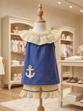 Smock Monkey Blue & Yellow Nautical 2pc Outfit Sz 24M